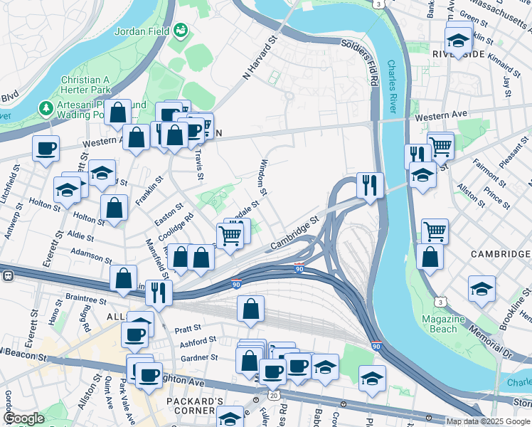 map of restaurants, bars, coffee shops, grocery stores, and more near 24 Windom Street in Boston