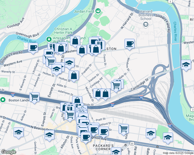 map of restaurants, bars, coffee shops, grocery stores, and more near 24 Easton Street in Brookline