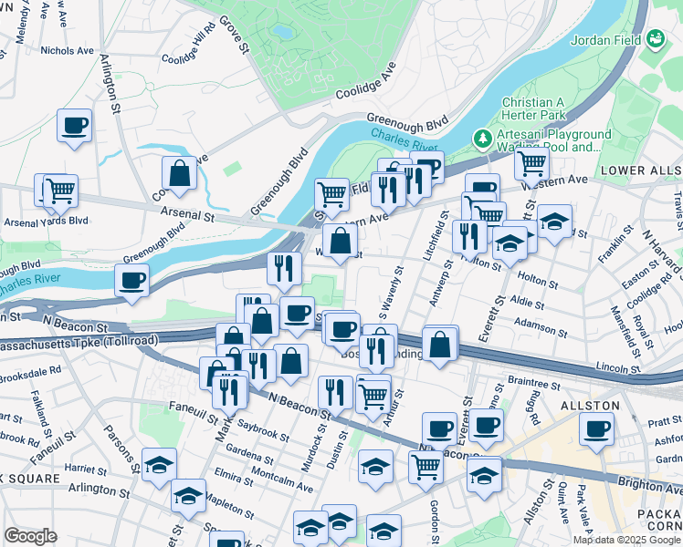 map of restaurants, bars, coffee shops, grocery stores, and more near 25-27 Lothrop Street in Boston