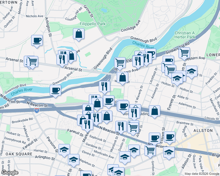 map of restaurants, bars, coffee shops, grocery stores, and more near in Boston