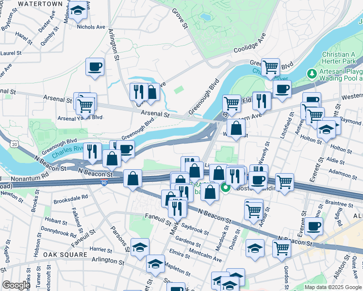 map of restaurants, bars, coffee shops, grocery stores, and more near 1550 Soldiers Field Road in Boston