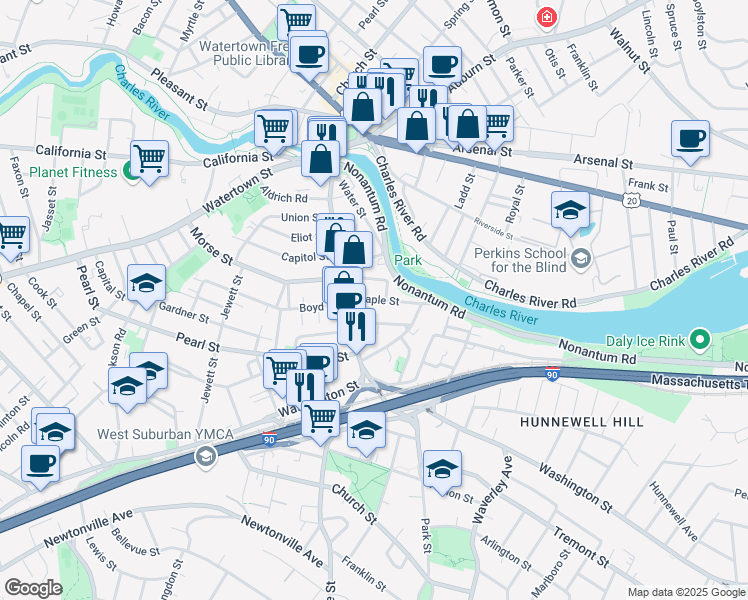 map of restaurants, bars, coffee shops, grocery stores, and more near 25 Maple Street in Watertown