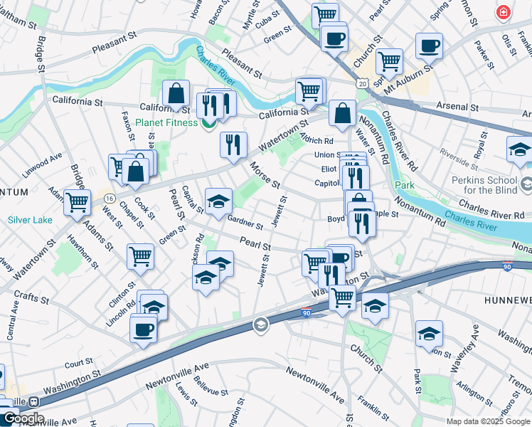 map of restaurants, bars, coffee shops, grocery stores, and more near 24 Rockland Street in Newton