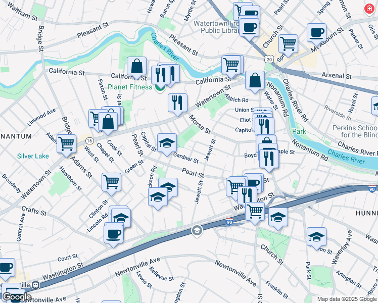 map of restaurants, bars, coffee shops, grocery stores, and more near 24 Rockland Street in Newton