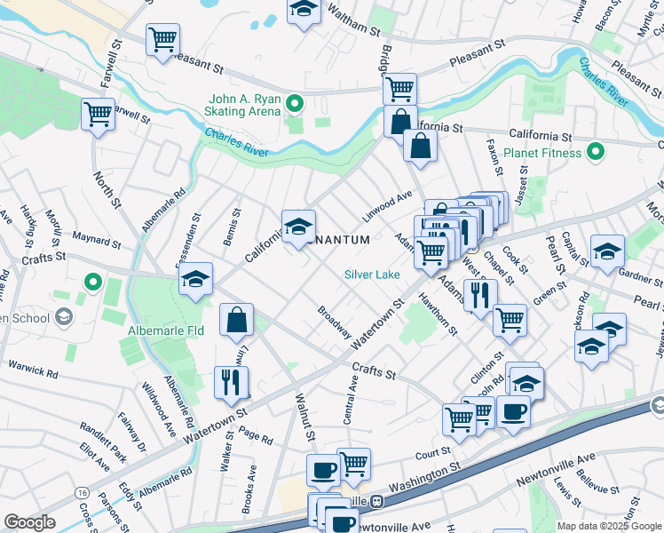 map of restaurants, bars, coffee shops, grocery stores, and more near 224 Linwood Avenue in Newton