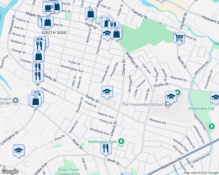map of restaurants, bars, coffee shops, grocery stores, and more near 49 Jerome Avenue in Newton