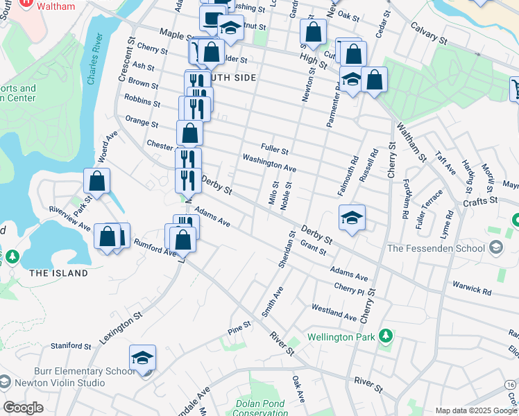 map of restaurants, bars, coffee shops, grocery stores, and more near 274 Derby Street in Newton