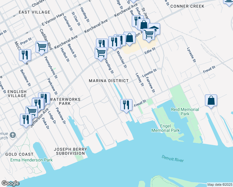 map of restaurants, bars, coffee shops, grocery stores, and more near 566 Saint Clair Street in Detroit