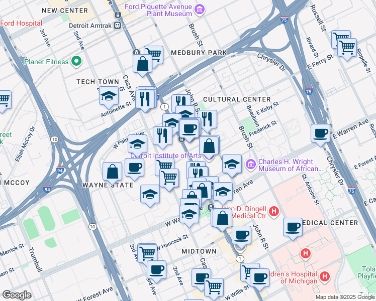 map of restaurants, bars, coffee shops, grocery stores, and more near in Detroit