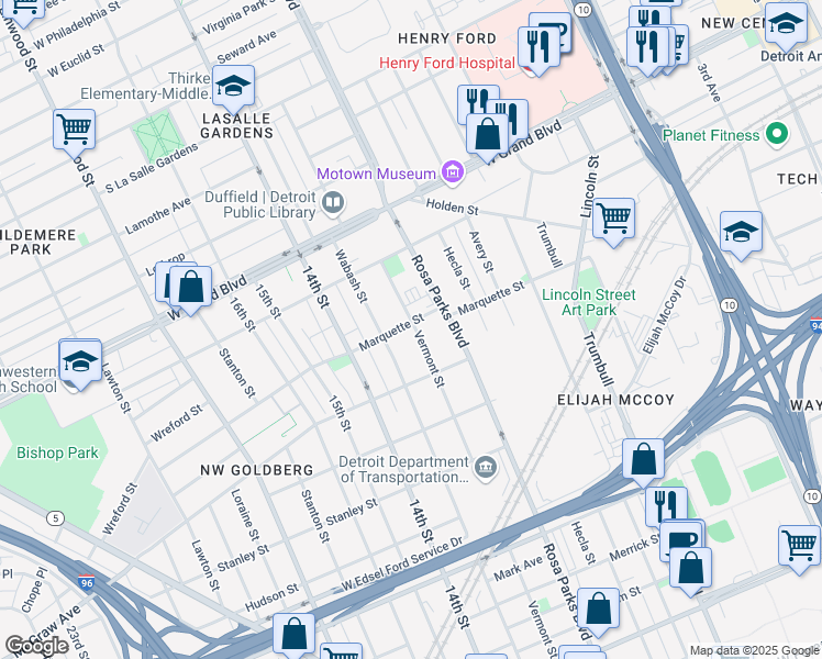map of restaurants, bars, coffee shops, grocery stores, and more near 6068 Vermont Street in Detroit