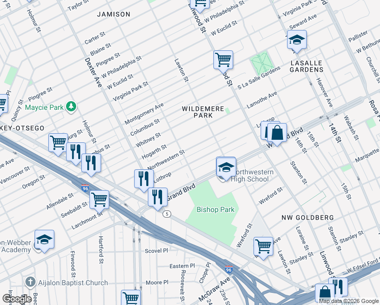 map of restaurants, bars, coffee shops, grocery stores, and more near 3027 Northwestern Street in Detroit