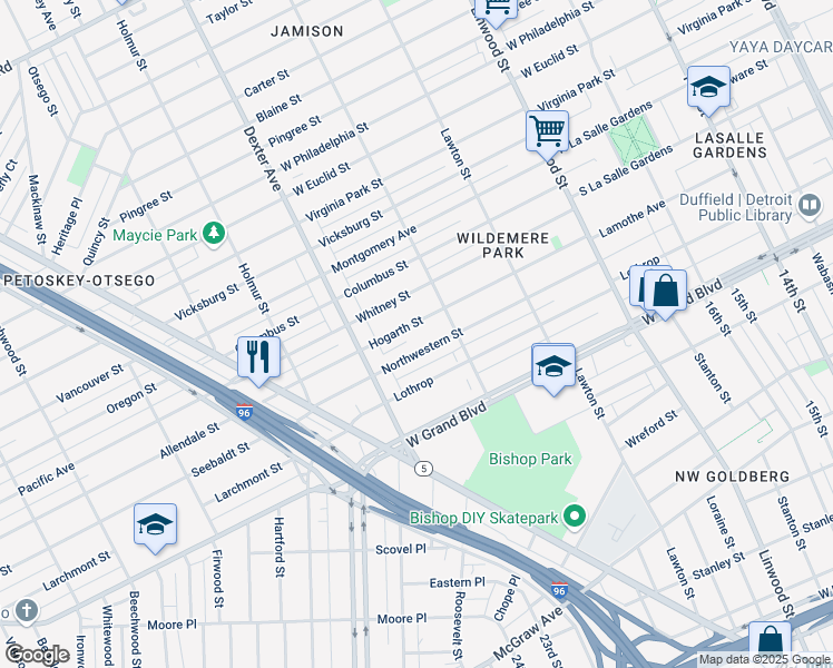 map of restaurants, bars, coffee shops, grocery stores, and more near 3311 Hogarth Street in Detroit