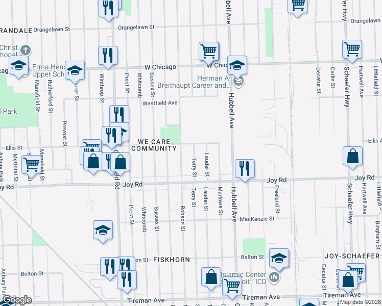 map of restaurants, bars, coffee shops, grocery stores, and more near 8918 Robson Street in Detroit