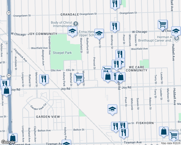 map of restaurants, bars, coffee shops, grocery stores, and more near 8940 Rutherford Street in Detroit
