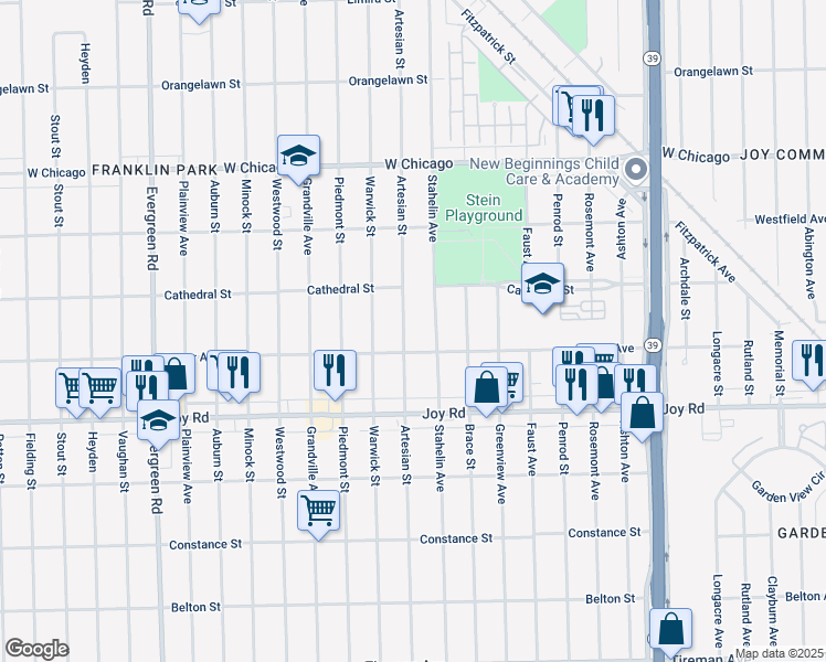 map of restaurants, bars, coffee shops, grocery stores, and more near 9034 Artesian Street in Detroit