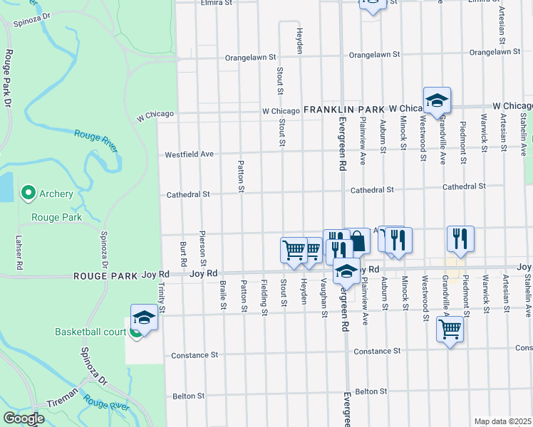 map of restaurants, bars, coffee shops, grocery stores, and more near 9053 Fielding Street in Detroit
