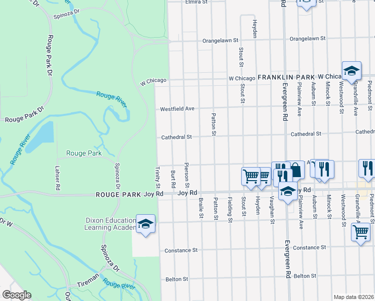 map of restaurants, bars, coffee shops, grocery stores, and more near 9058 Pierson Street in Detroit
