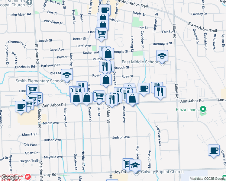 map of restaurants, bars, coffee shops, grocery stores, and more near 1365 South Main Street in Plymouth