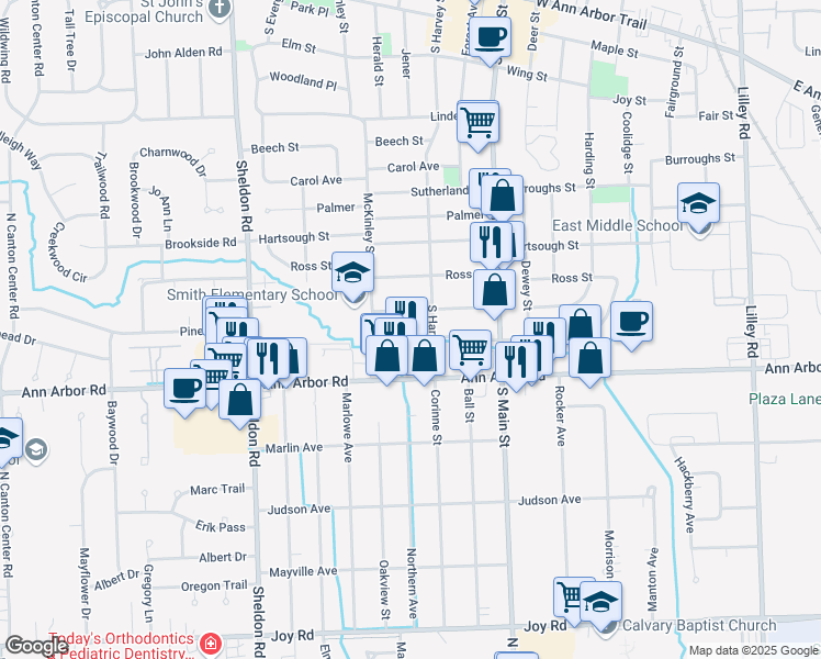 map of restaurants, bars, coffee shops, grocery stores, and more near 1098 Byron Street in Plymouth
