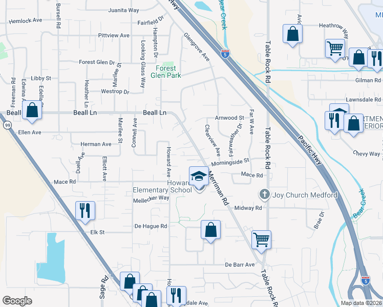 map of restaurants, bars, coffee shops, grocery stores, and more near 2975 Merriman Road in Medford