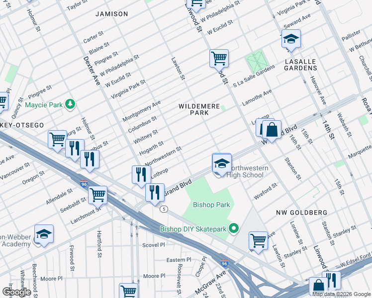 map of restaurants, bars, coffee shops, grocery stores, and more near 3027 Northwestern Street in Detroit