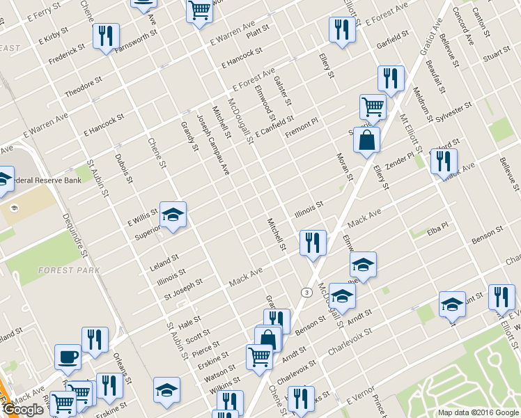 map of restaurants, bars, coffee shops, grocery stores, and more near 3919 Mitchell Street in Detroit