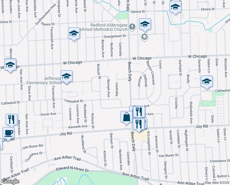 map of restaurants, bars, coffee shops, grocery stores, and more near 9151 Centralia in Redford Charter Township