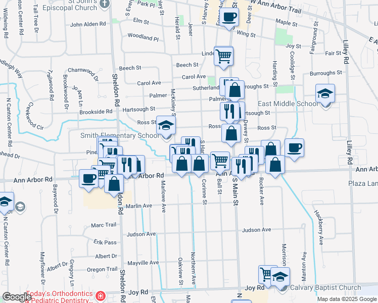 map of restaurants, bars, coffee shops, grocery stores, and more near 1098 Byron Street in Plymouth