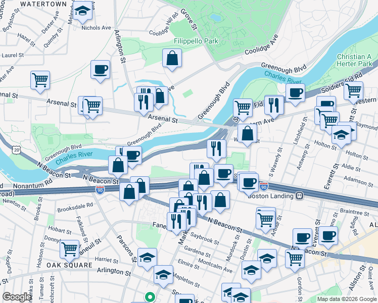 map of restaurants, bars, coffee shops, grocery stores, and more near 1550 Soldiers Field Road in Boston
