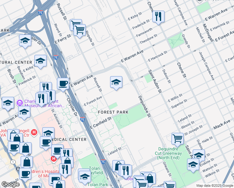 map of restaurants, bars, coffee shops, grocery stores, and more near 1460 East Forest Avenue in Detroit