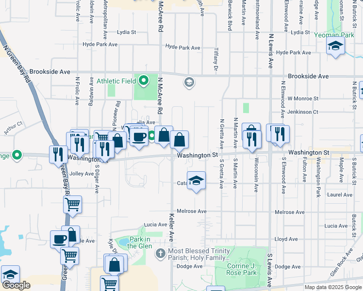 map of restaurants, bars, coffee shops, grocery stores, and more near 2424 Washington Street in Waukegan