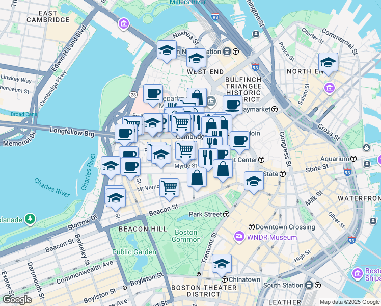 map of restaurants, bars, coffee shops, grocery stores, and more near 3 Smith Court in Boston