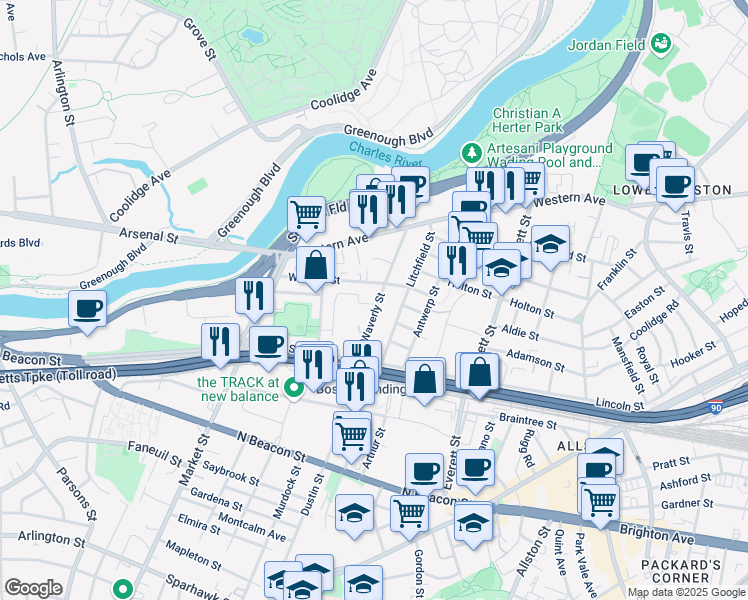 map of restaurants, bars, coffee shops, grocery stores, and more near 50 South Waverly Street in Boston