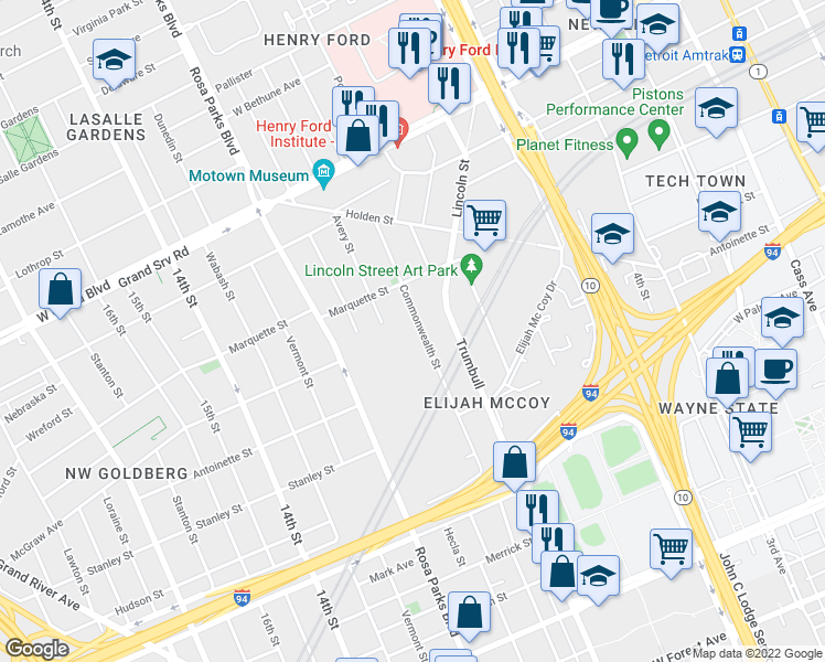 map of restaurants, bars, coffee shops, grocery stores, and more near 5911 Commonwealth Street in Detroit