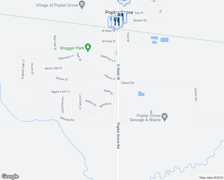 map of restaurants, bars, coffee shops, grocery stores, and more near 210 Bree Drive in Poplar Grove