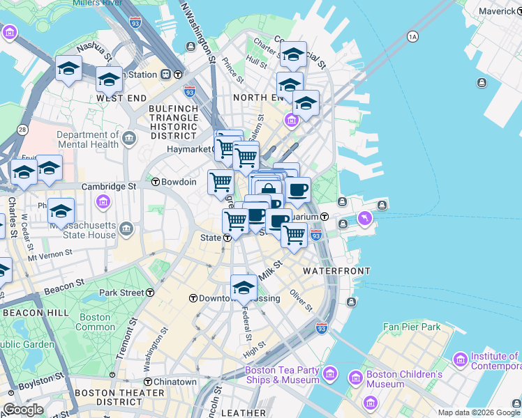map of restaurants, bars, coffee shops, grocery stores, and more near 4 South Market Street in Boston