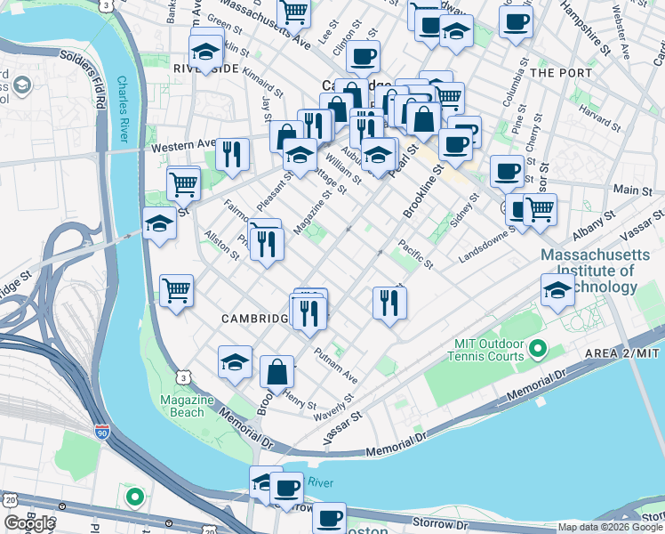 map of restaurants, bars, coffee shops, grocery stores, and more near 181 Erie Street in Cambridge