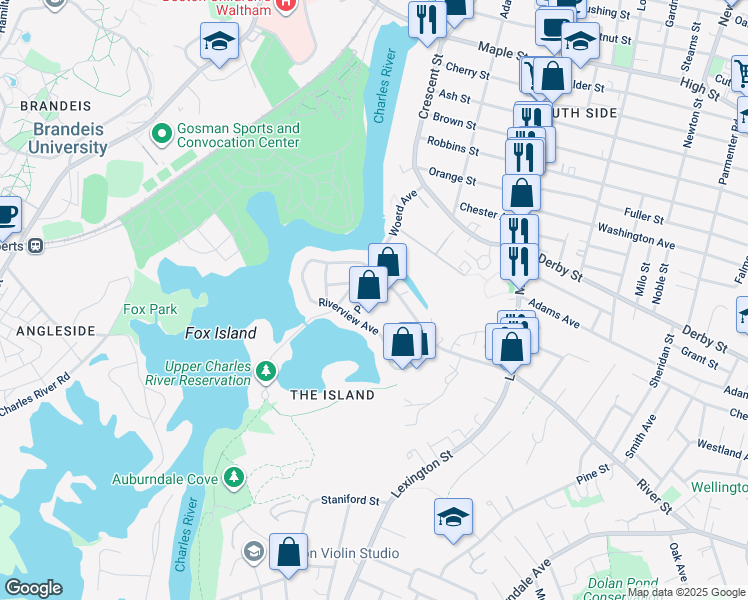 map of restaurants, bars, coffee shops, grocery stores, and more near 20 Park Street in Waltham
