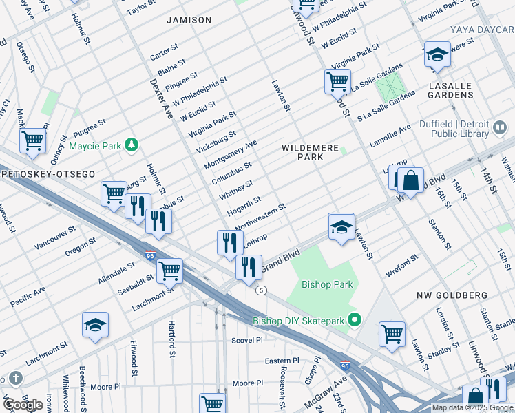 map of restaurants, bars, coffee shops, grocery stores, and more near 3311 Hogarth Street in Detroit