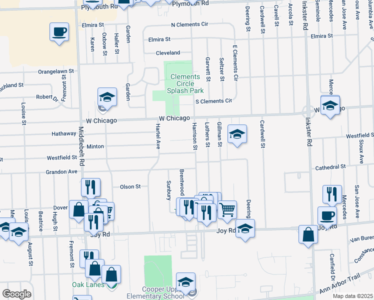 map of restaurants, bars, coffee shops, grocery stores, and more near 28640 Westfield Street in Livonia
