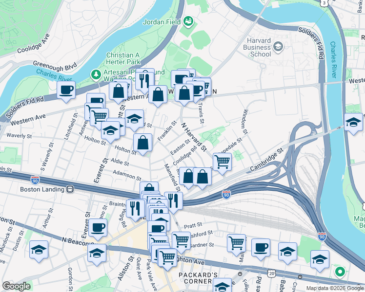 map of restaurants, bars, coffee shops, grocery stores, and more near 24 Easton Street in Boston