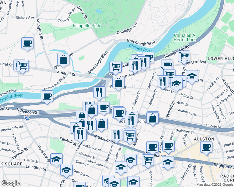 map of restaurants, bars, coffee shops, grocery stores, and more near 31-33 Lothrop Street in Boston