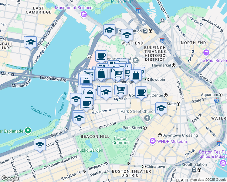 map of restaurants, bars, coffee shops, grocery stores, and more near 38 Garden Street in Boston