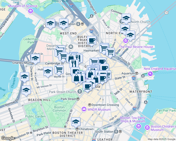 map of restaurants, bars, coffee shops, grocery stores, and more near 1 Center Plaza in Boston