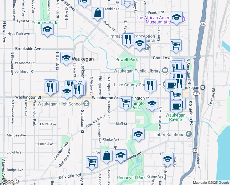 map of restaurants, bars, coffee shops, grocery stores, and more near 6 North Saint James Street in Waukegan