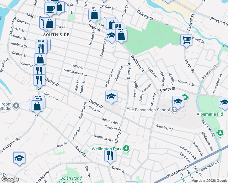 map of restaurants, bars, coffee shops, grocery stores, and more near 49 Jerome Avenue in Newton