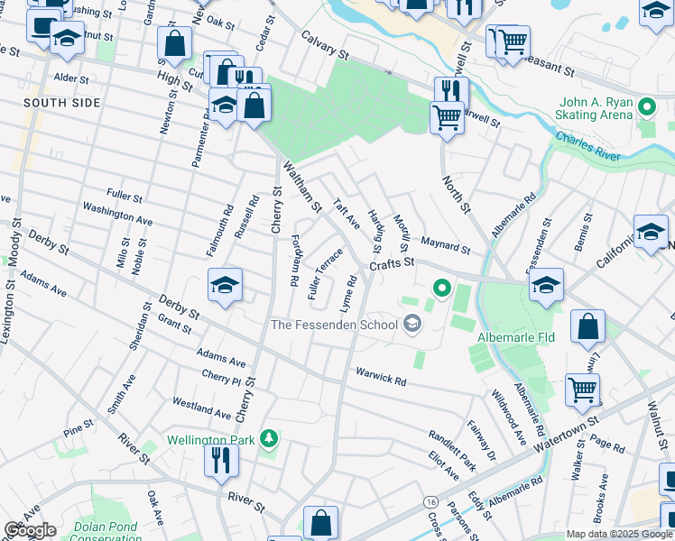 map of restaurants, bars, coffee shops, grocery stores, and more near 29 Hatfield Road in Newton