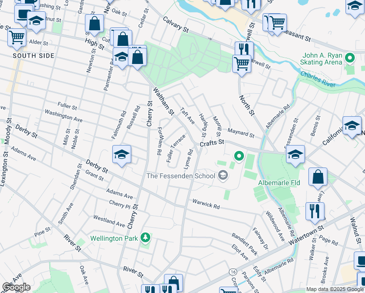 map of restaurants, bars, coffee shops, grocery stores, and more near 28 Fuller Terrace in Newton