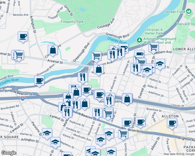 map of restaurants, bars, coffee shops, grocery stores, and more near 25-27 Lothrop Street in Boston