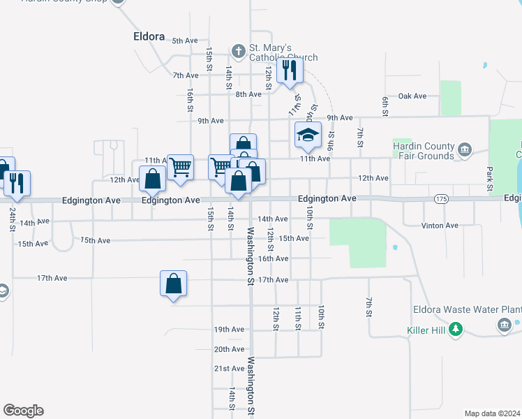 map of restaurants, bars, coffee shops, grocery stores, and more near 1215 Edgington Avenue in Eldora